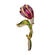 Load image into Gallery viewer, Italian 18 Karat Gold, Rubellite, Enamel, and Diamond Brooch