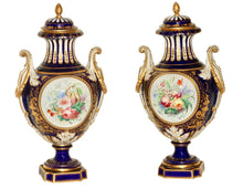 Load image into Gallery viewer, A Fine Pair of Sevres Style "Jeweled" Blue-Ground Vases and Covers