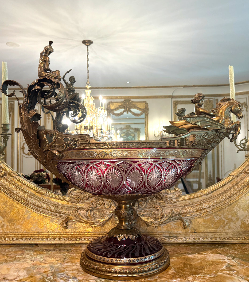 Continental Gilt Bronze and Cut Ruby Glass Navette-Form Centerpiece