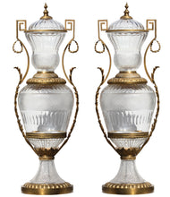 Load image into Gallery viewer, Monumental Pair of Gilt-Bronze Mounted Cut Crystal Vases
