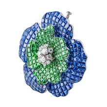 Load image into Gallery viewer, Sabbadini Sapphire, Emerald and Diamond Flower Brooch