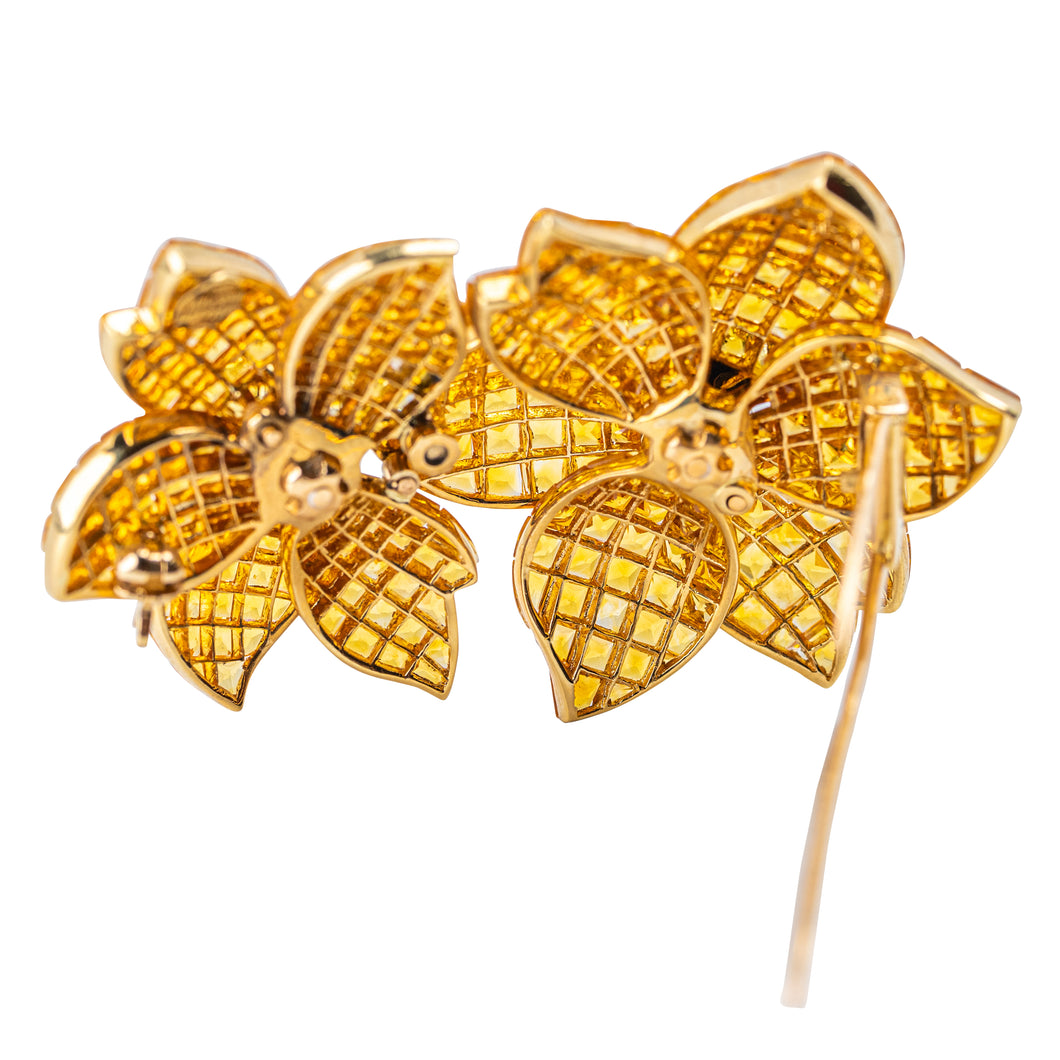 Sabbadini Yellow Sapphire and Diamond Flower Brooch, 18 Karat Gold