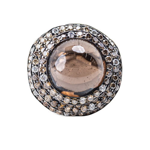 Striking Cabochon Black Quartz and Diamond Dome Ring in 18K White Gold
