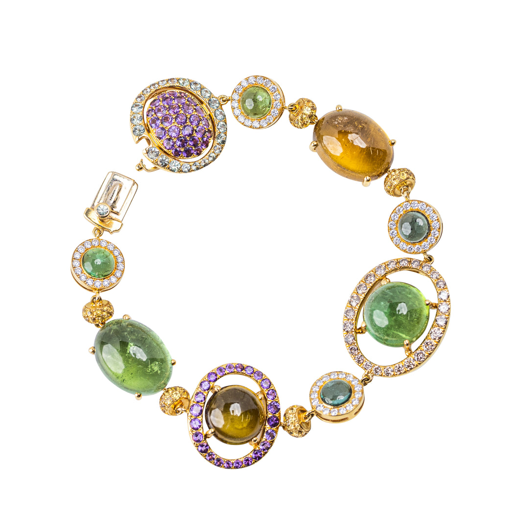 18 Karat Gold Tourmaline, Diamond & Sapphire Bracelet