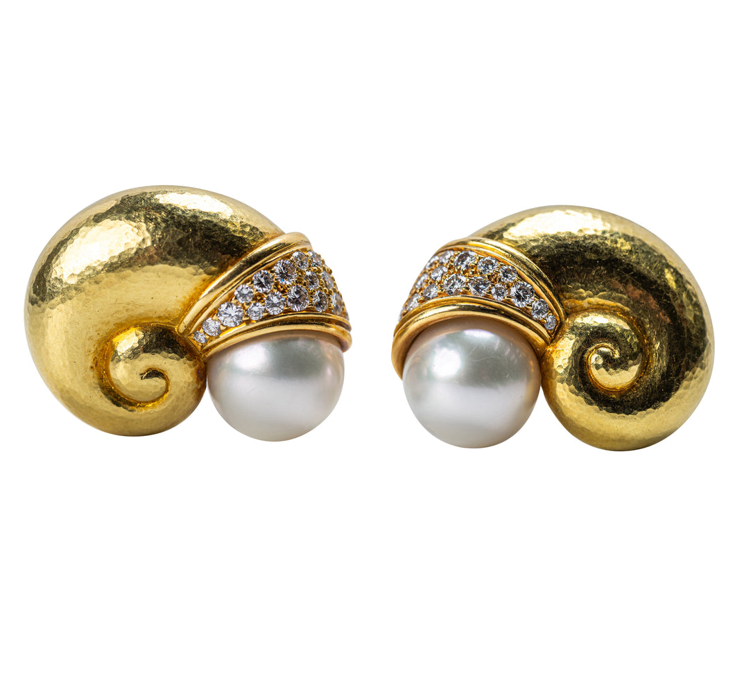 Leo de Vroomen, Pair of 18 Karat Gold, Pearl, and Diamond Ear Clips