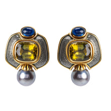 Load image into Gallery viewer, Leo de Vroomen 18 Karat Gold, Tourmaline, Sapphire, and Pearl Ear Clips