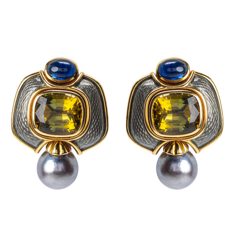 Leo de Vroomen 18 Karat Gold, Tourmaline, Sapphire, and Pearl Ear Clips