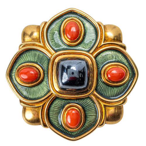 Leo de Vroomen, An 18 Karat Gold, Enamel, Coral and Gem-Set Brooch