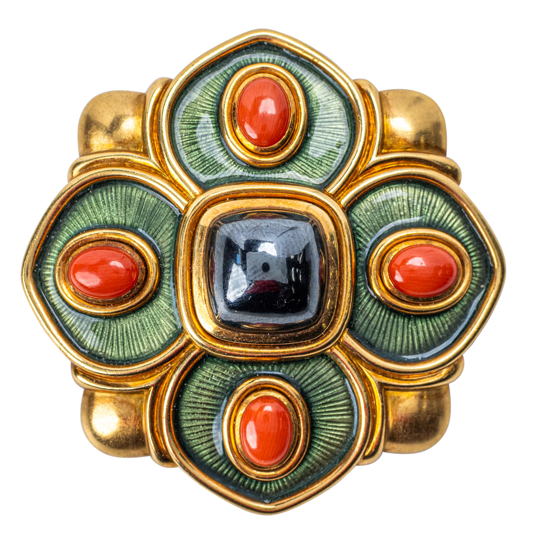 Leo de Vroomen, An 18 Karat Gold, Enamel, Coral and Gem-Set Brooch