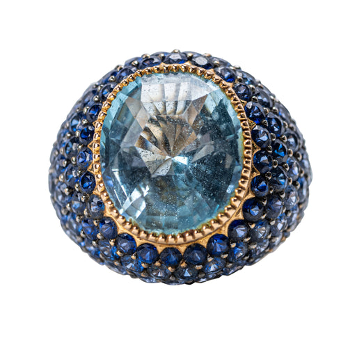 Aquamarine, Sapphire, and Diamond Bombé Ring in 18K Yellow Gold