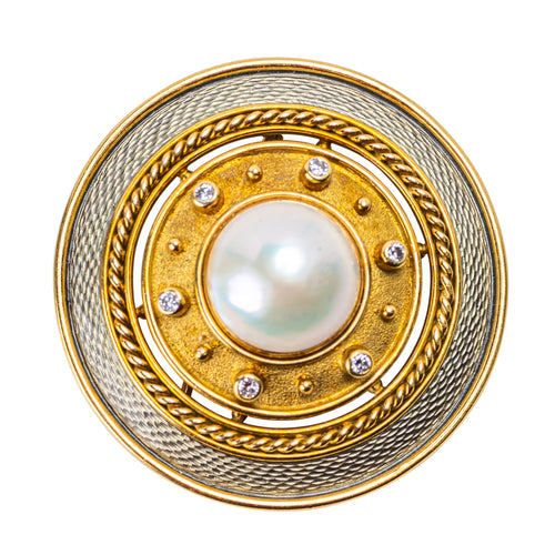 Leo de Vroomen 18 K Yellow Gold, Diamond and Pearl Brooch