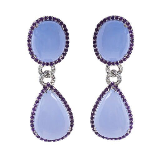 Sabbadini 18K White Gold Chalcedony, Amethyst and Diamond Drop Earrings