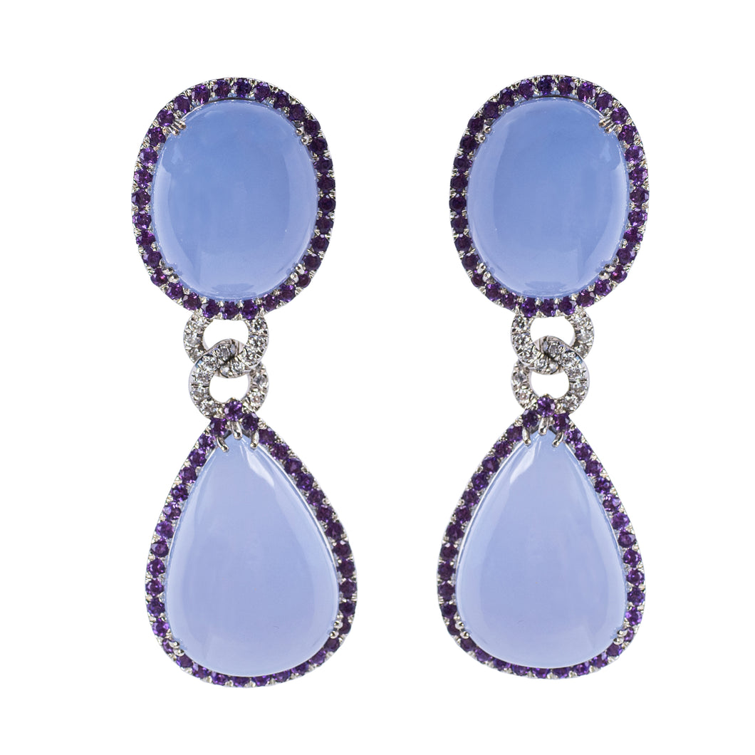 Sabbadini 18K White Gold Chalcedony, Amethyst and Diamond Drop Earrings