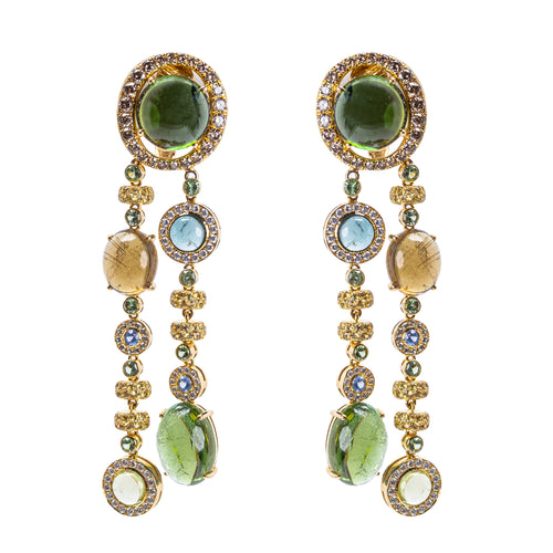 David Morris 18 K Yellow Gold Green Tourmaline, Diamond, and Sapphire Drop Earrings