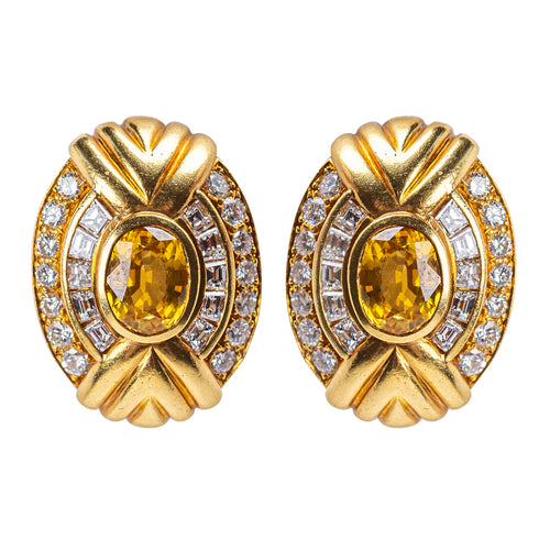 French 18 Karat Yellow Gold, Yellow Sapphire, and Diamond Ear Clips