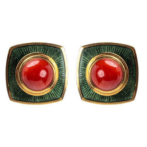 Leo de Vroomen 18K Yellow Gold, Coral, and Green Enamel Ear Clips