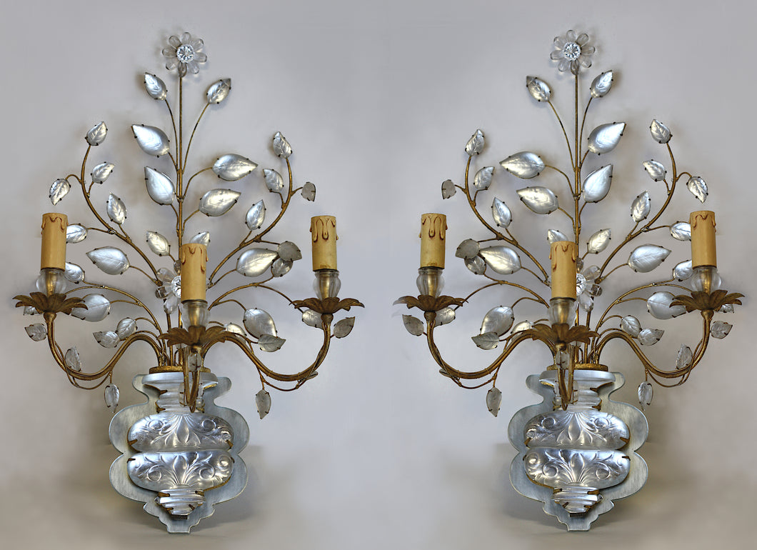 Pair of Italian Rock Crystal and Gilt Metal Three-Light Wall Lights