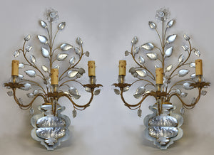 Pair of Italian Rock Crystal and Gilt Metal Three-Light Wall Lights