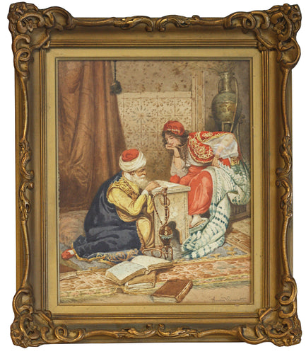 Amedes Simonetti, Teacher and a Young Woman, gouache on paper signed