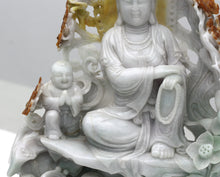 Load image into Gallery viewer, Chinese Jade Guanyin Figure with Attendant and Pierced Floral Carving