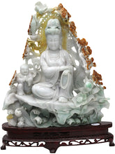 Load image into Gallery viewer, Chinese Jade Guanyin Figure with Attendant and Pierced Floral Carving