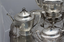 Load image into Gallery viewer, American Coin Silver Four-Piece Tea Service w/ English Plated Tray