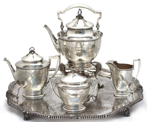 American Coin Silver Four-Piece Tea Service w/ English Plated Tray