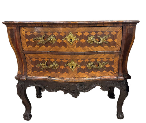 Continental Rococo Walnut Parquetry Chest on Stand