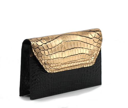 Lana Marks Black and Gold Alligator Clutch