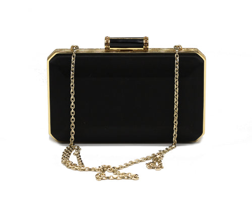 Judith Leiber Couture Black Satin Box Clutch with Gold Trim and Push-Lock Closure
