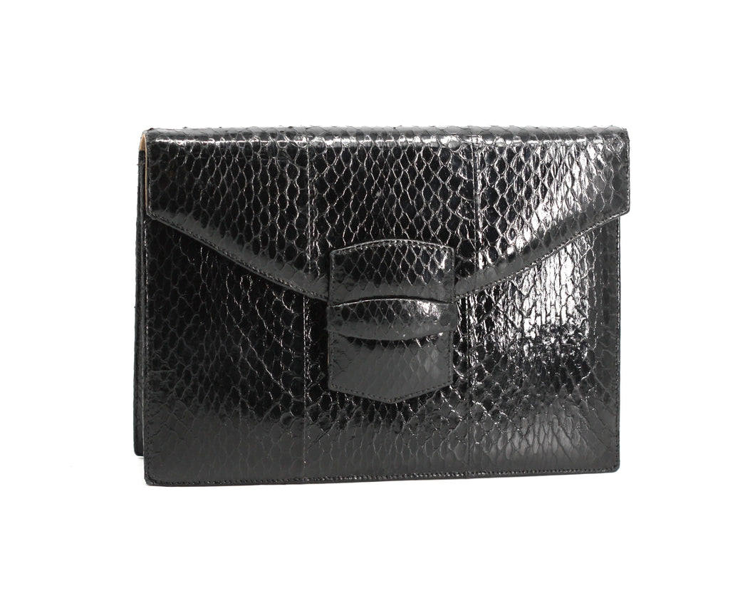 Oscar de la Renta Black Snakeskin Envelope Clutch