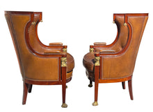 Load image into Gallery viewer, Pair Empire Style Leather-Upholstered Gilt Bronze Mid. Mahogany Bergere