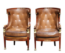 Load image into Gallery viewer, Pair Empire Style Leather-Upholstered Gilt Bronze Mid. Mahogany Bergere