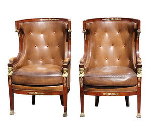 Pair Empire Style Leather-Upholstered Gilt Bronze Mid. Mahogany Bergere