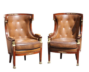 Pair Empire Style Leather-Upholstered Gilt Bronze Mid. Mahogany Bergere