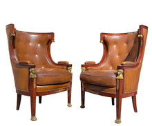 Load image into Gallery viewer, Pair Empire Style Leather-Upholstered Gilt Bronze Mid. Mahogany Bergere