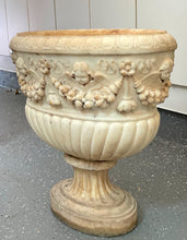 Load image into Gallery viewer, Large 19th Century White Marble Oval Urn with Cherub Motif