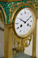 Load image into Gallery viewer, Gilt Bronze Mounted Malachite Mantel Clock, Louis XVI Style Maple &amp; Co.,