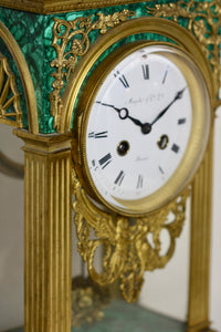 Gilt Bronze Mounted Malachite Mantel Clock, Louis XVI Style Maple & Co.,