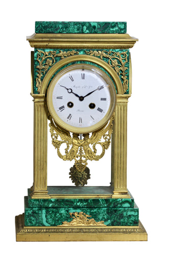 Gilt Bronze Mounted Malachite Mantel Clock, Louis XVI Style Maple & Co.,