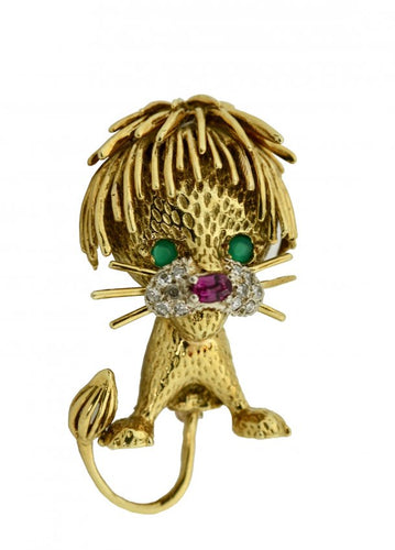 18 Karat Two-Color Gold, Diamond, Ruby and Emerald Brooch, Hammerman Brothers