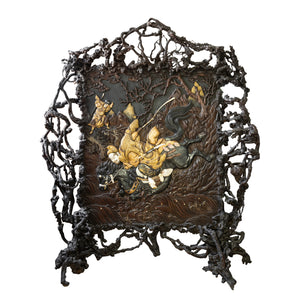 A Japanese lacquer, bone and "Root" wood screen Meiji period