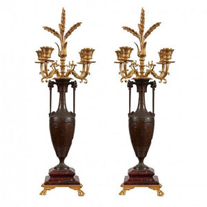 Louis XVI Style Ormolu & Rouge Griotte Marble Four-Light Candelabra,