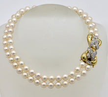 Load image into Gallery viewer, 18 Karat yellow Gold, Double Strand Cultured Pearl and Diamond Necklace, Emis