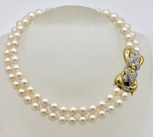 18 Karat yellow Gold, Double Strand Cultured Pearl and Diamond Necklace, Emis