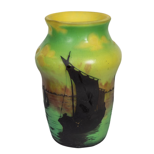 Daum Nancy cameo Glass Vase,  France, circa 1900-10 decorated with ancient Chinese Sailing Ships
