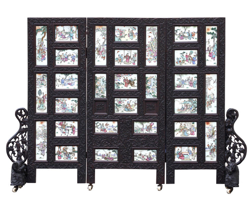 A Chinese Three-Panel Porcelain Inlaid and Mixed Wood Screen