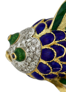 18 Karat Gold, Diamond and Enamel Fish Brooch