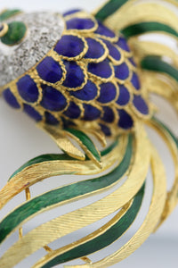 18 Karat Gold, Diamond and Enamel Fish Brooch