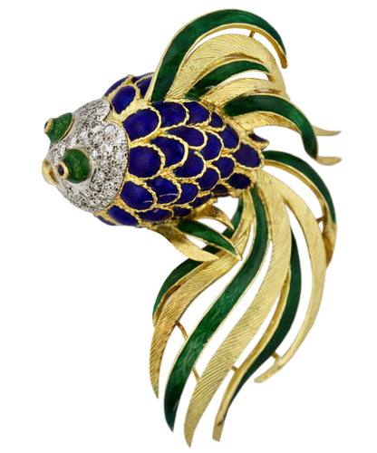 18 Karat Gold, Diamond and Enamel Fish Brooch